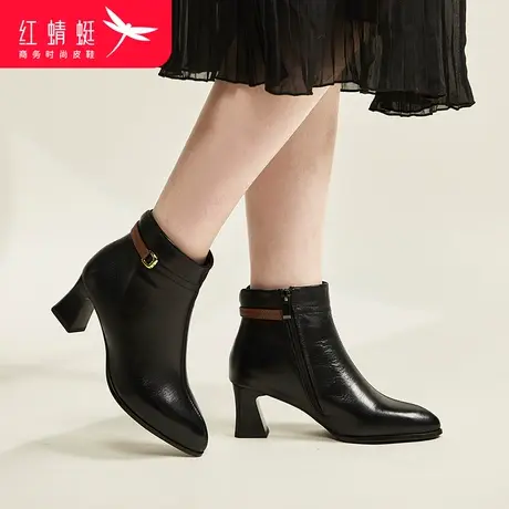 红蜻蜓2023新款冬季简约加绒女短靴女鞋休闲时尚欧美高跟靴妈妈鞋图片