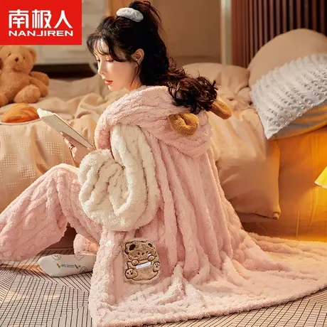 珊瑚绒睡袍女秋冬季睡裙长款加绒加厚法兰绒浴袍睡衣家居服套装冬商品大图
