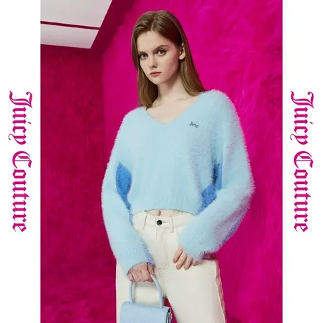 Juicy Couture橘滋23初秋冬新款瓦尔登湖logo牌V领拼色女式毛衣商品大图