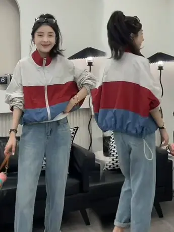 2023春秋季新款拉链蝙蝠袖宽松拼色设计感休闲棒球服短款外套女潮图片