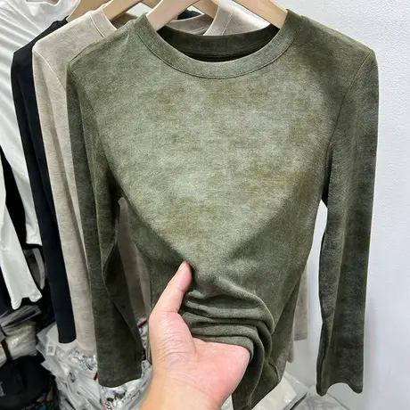 欧货设计感复古晕染圆领长袖T恤女2023秋新款洋气内搭打底衫上衣商品大图