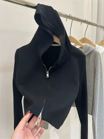 欧货螺纹长袖t恤女2023新款秋装短款上衣连帽卫衣拉链开衫外套潮商品大图