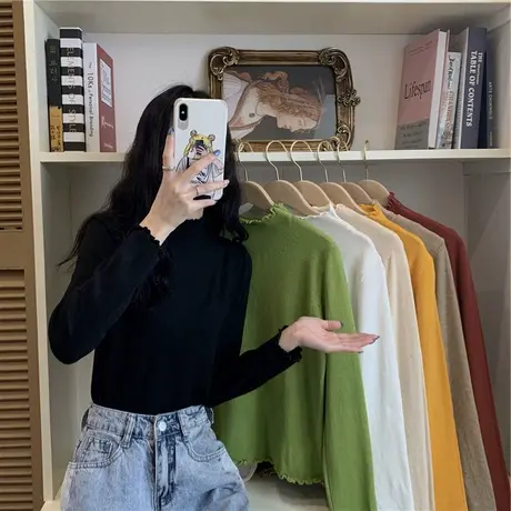 木耳边半高领打底衫2023年春秋冬季新款内搭洋气毛衣针织衫女上衣图片