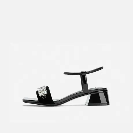 Nine West/玖熙2025年夏季新款一字带牛皮革中跟晶钻条带凉鞋外穿图片
