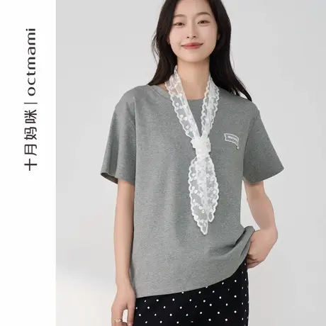 十月妈咪孕妇蕾丝系颈T恤2025新款夏季薄款外穿宽松短袖上衣夏装商品大图