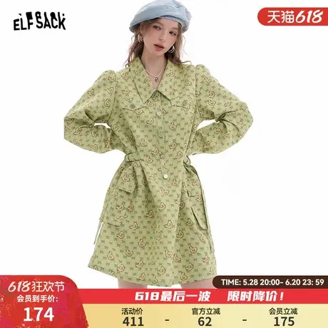 妖精的口袋小熊满印衬衫连衣裙女2025年春季新款泡泡袖收腰裙子图片