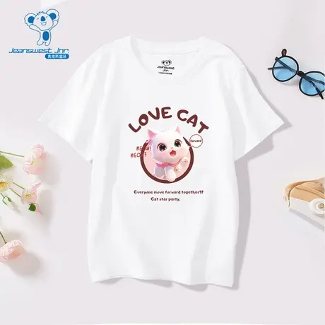 KD真维斯女童2024春季新款可爱时尚圆领猫咪图案印花纯棉短袖T恤图片