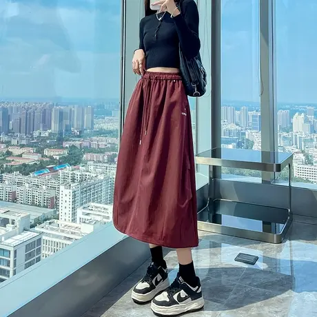 安可拉红色美式工装裙女秋季新款高腰a字花苞裙中长抽绳半身裙子图片
