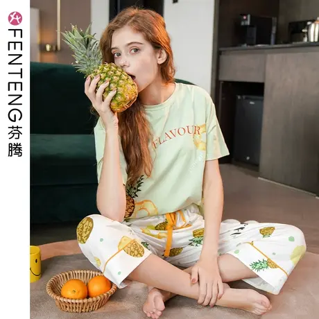 芬腾夏季睡衣女短袖两件套装宽松纯棉韩版清新夏天薄款全棉家居服商品大图