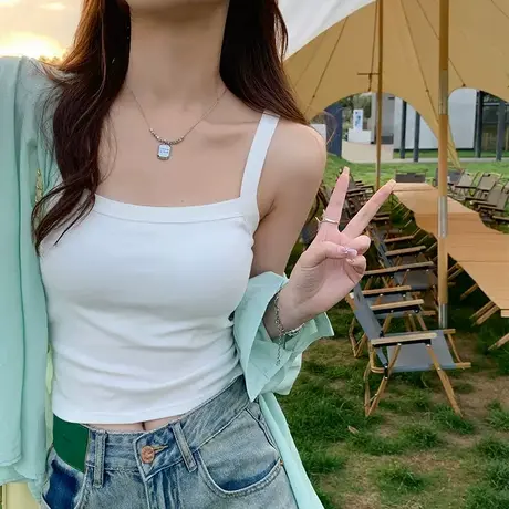 夏日百搭一体杯吊带背心女长款带罩杯懒人打底上衣纯色简约学生图片