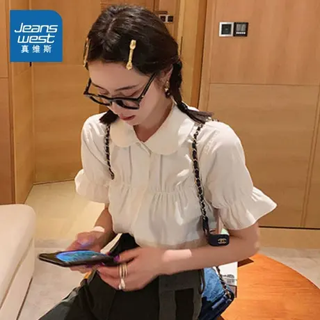 LE真维斯女装短袖衬衫2025夏季新款韩版娃娃领衣服温柔泡泡袖上衣商品大图