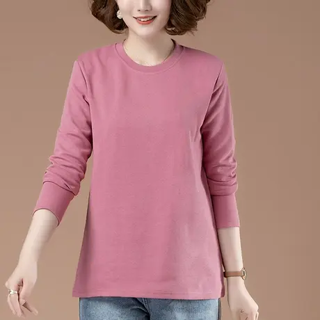 长袖t恤女春秋新款加肥加大码女装宽松中年胖妈妈纯色显瘦打底衫商品大图