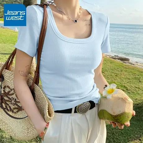 KV真维斯短袖T恤2025新款女夏季吸汗透气 方领休闲打底衫百搭上衣商品大图
