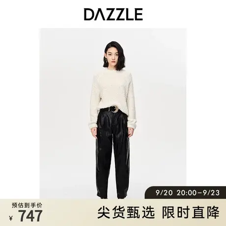 DAZZLE地素奥莱白色简约慵懒风羊毛混纺休闲圆领套头毛衣女商品大图