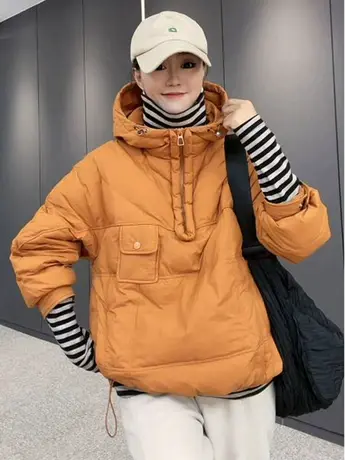 套头羽绒棉服女糖果色连帽冬季新款韩版宽松大版时尚外套休闲通勤商品大图