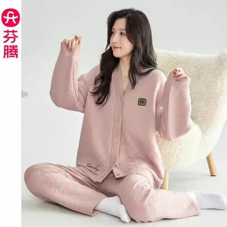 芬腾夹层睡衣女秋冬季纯棉长袖薄款夹棉保暖空气棉冬款家居服套装商品大图