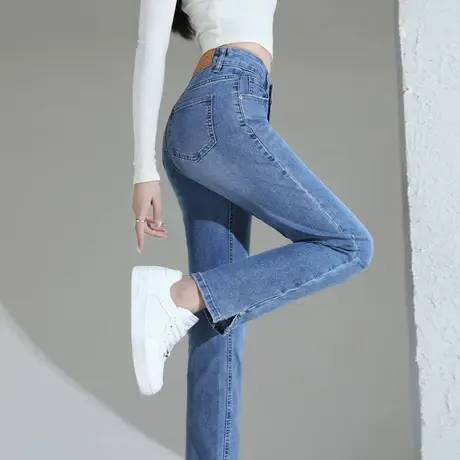 唐狮侧边小开叉水洗牛仔裤女2025春季高腰显瘦韩系减龄百搭直筒裤图片
