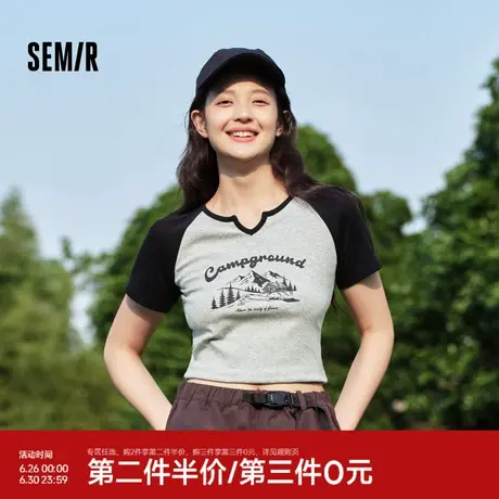 森马短袖T恤女短款设计感印花2024夏季新款插肩袖紧身套头衫山系商品大图