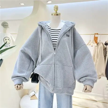 加绒加厚秋冬简约刺绣慵懒美式复古宽松连帽卫衣女帽衫外套潮单穿图片