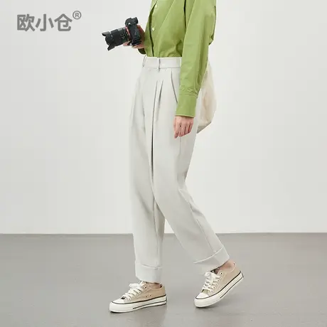 欧小仓奶茶系列ins博主双褶翻边宽松垂感哈伦九分裤 梨型友好西裤商品大图