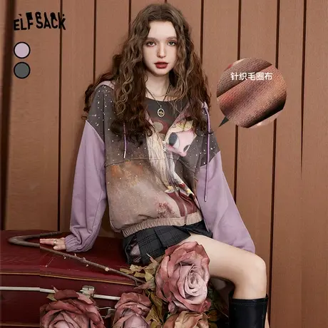 妖精的口袋印花连帽卫衣外套女2023秋季新款小个子针织休闲外套潮图片