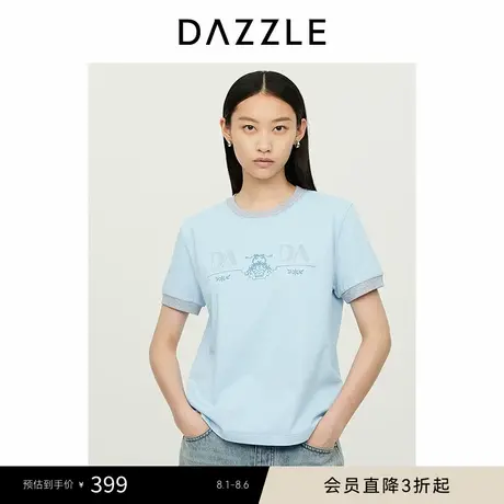 DAZZLE地素奥莱 T恤秋季女装简约撞色印花绣花短袖上衣商品大图