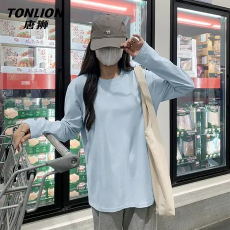 唐狮蓝色长袖t恤女2025新款爆款春秋款内搭纯棉大码打底衫上衣VB图片