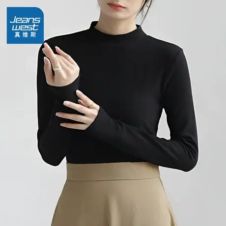 KMV真维斯仿德绒打底衫女2025新款秋冬季内搭半高领紧身长袖上衣商品大图