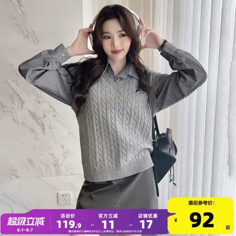 唐狮2025秋冬季女毛衣小刺绣绞花V领套头马甲学院风简约百搭图片