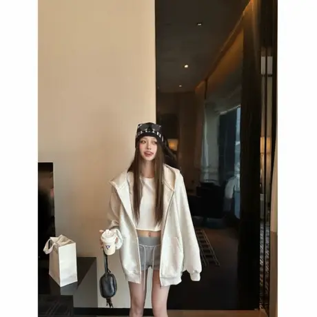 慵懒风拉链连帽黑色卫衣外套女装秋季中长款美式宽松灰色开衫上衣商品大图