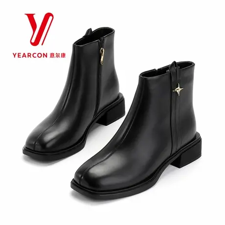 意尔康女靴2025新款冬季加绒短靴女真皮粗跟中跟靴子时装靴短筒靴图片
