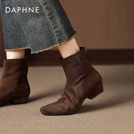 达芙妮复古短靴女2025新款棕色加绒粗跟瘦瘦靴秋冬百搭方头女靴子图片