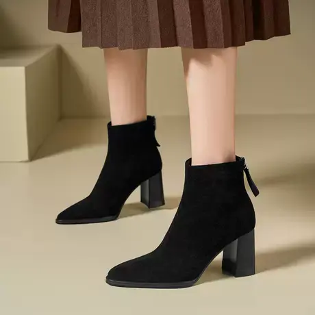 【羊反绒】星期六尖头气质高跟短靴2025新款靴子女春秋时装靴图片