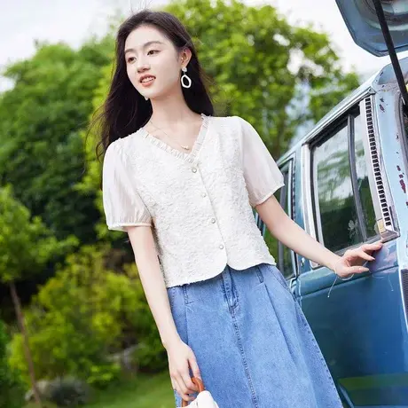 时尚气质短袖衬衫2023年夏季新款淑女温柔花边领显瘦通勤百搭上衣商品大图