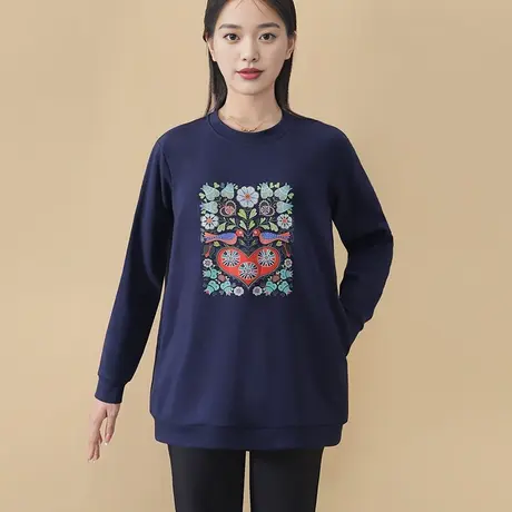 中长款别致印花遮肚上衣中老年a字版宽松圆领套头商品大图