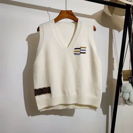 学院风针织背心马甲女秋冬新款韩版宽松v领叠穿无袖毛衣坎肩外穿图片