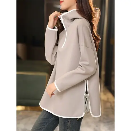 宝诗黎连帽包边纯色系带慵懒卫衣女落肩长袖开衩上衣2023秋季新款商品大图