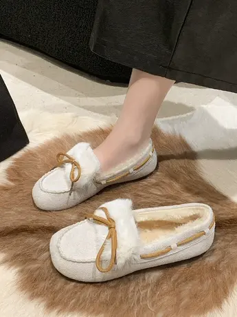 文艺复古森系蝴蝶结加绒勃肯鞋女冬季一脚蹬乐福鞋舒适软底豆豆鞋商品大图