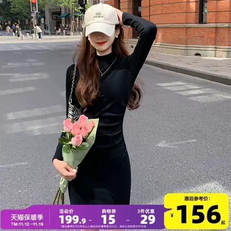唐狮秋冬2023新款黑色针织连衣裙女长袖小个子显瘦毛衣裙高级感yd商品大图