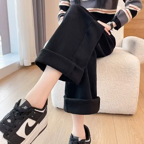 黑色窄版牛仔裤女秋冬新款高腰宽松垂感小个子加绒加厚阔腿直筒裤商品大图