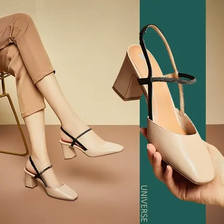 清仓真皮细带水钻粗跟凉鞋女夏季时尚舒适黑色高跟鞋百搭商品大图