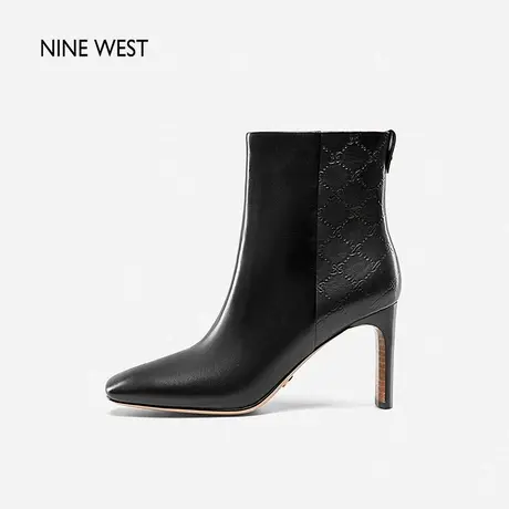 Nine West/玖熙时装靴女2023年秋冬新款牛皮压花纹短靴高跟鞋靴子商品大图