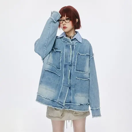 浅色牛仔外套女春秋2023新款ins潮牌复古毛边夹克宽松设计感上衣商品大图