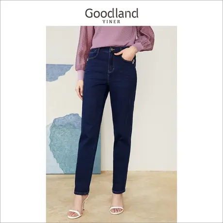 *Goodland美地女装冬季修身显瘦高腰九分暖姜绒牛仔裤商品大图