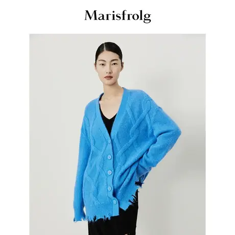 #多巴胺穿搭# 玛丝菲尔秋季蓝色V领马海毛针织开衫商品大图