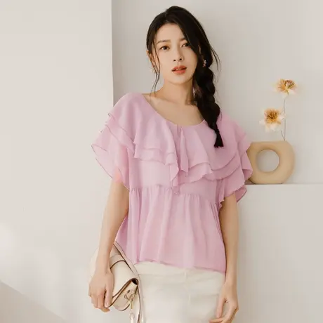 桔熊夏季浪漫微透肤雪纺衫宽松圆领荷叶边短袖上衣女大码AB18412商品大图