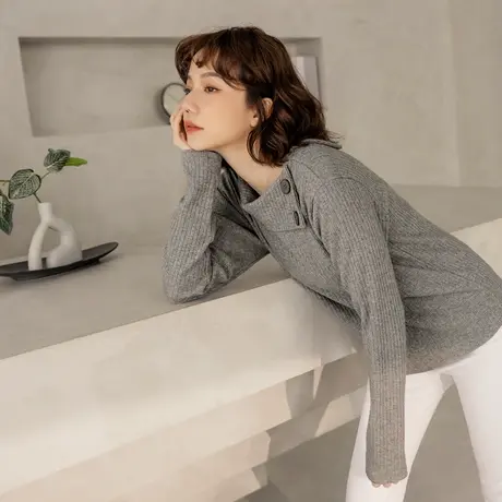 桔熊秋冬通勤保暖坑条针织衫设计感翻领舒适上衣女装大码AB18034商品大图