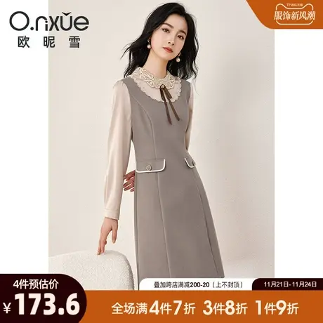 欧昵雪2024春秋新款气质领花缎面长袖拼接呢子连衣裙女高腰修身裙图片