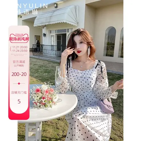 韩语琳2022秋装新款别致方领褶皱收腰织带蝴蝶结黑色波点连衣裙女商品大图