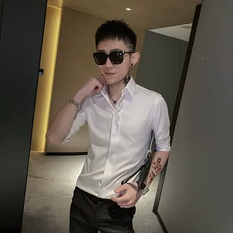 夏季男士衬衫长袖衬衣修身七分袖中袖发型师刺绣潮牌网红潮流帅气商品大图